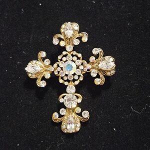 Gold-Tone Crystal Cross Brooch/ Necklace
